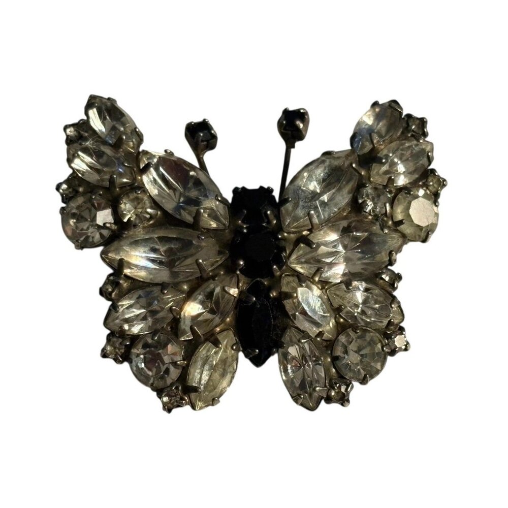 Butterfly Rhinestone Brooch Pin VTG Black & Clear Rhinestones Silver‎ Tone Retro